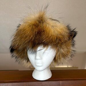Real Fur Brown Leather Convertible Trapper Hat Johnston & Murphy Like New Warm